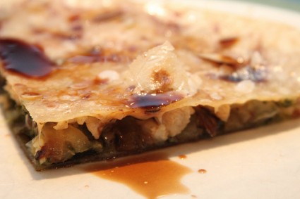 quesadilla with pesto sausage caramelized onions